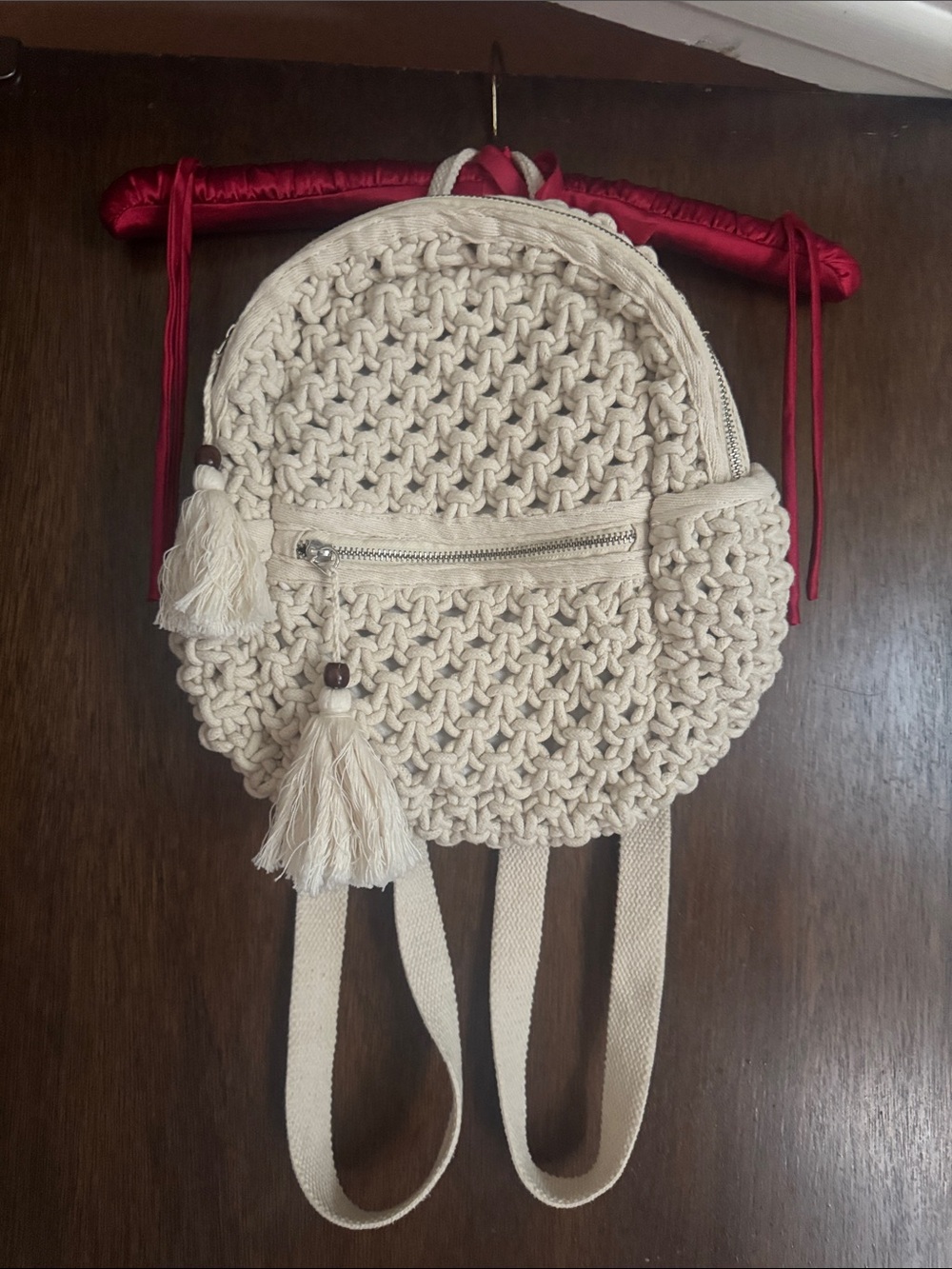Woven/Macrame Round Tassel Backpack - Cream